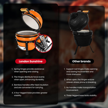 Upgraded 13 inch Ceramic Kamado Grill with Waterproof Air Vent Cap | Portable Tabletop Charcoal BBQ Grill Smoker for Outdoor Cooking, Patio, Camping | Orange