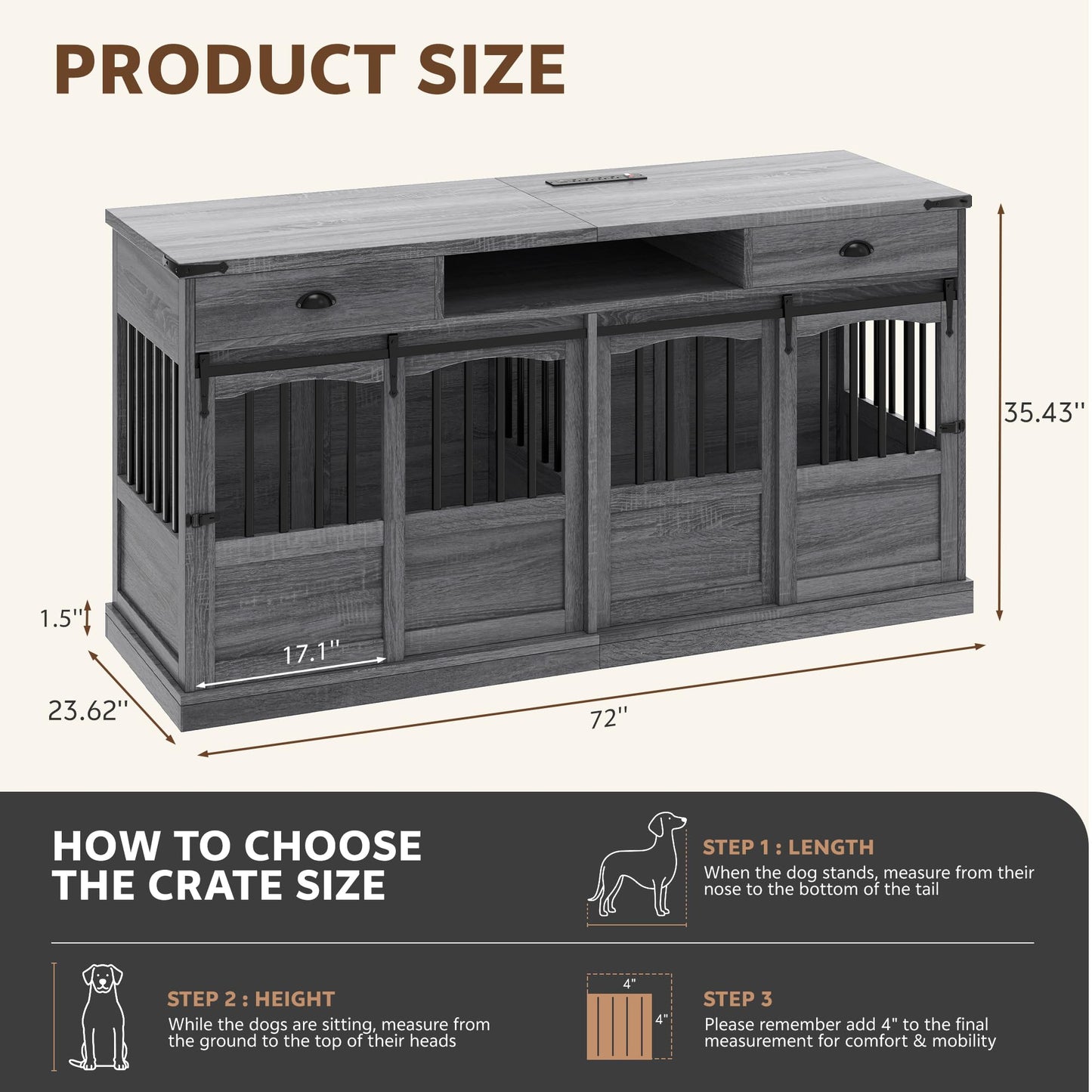 Homiflex 72" Double Dog Crate Furniture with Storage for 2 Medium Large Dogs Farmhouse Wooden Dog Kennel Furniture with 2 Sliding Doors Divider & Power Outlet Decorative Dog Cage TV Stand Grey