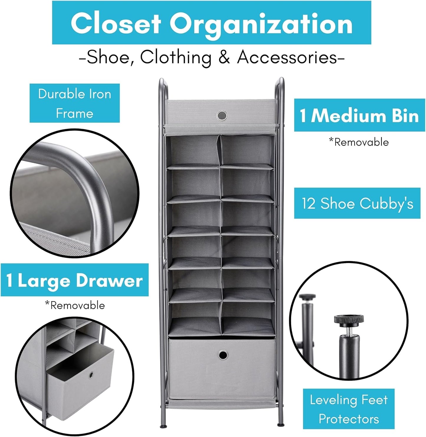 BIRDROCK HOME 12 Cubby Vertical Shoe Rack Organizer - Sturdy Metal Frame for Small Space Bedroom & Closet