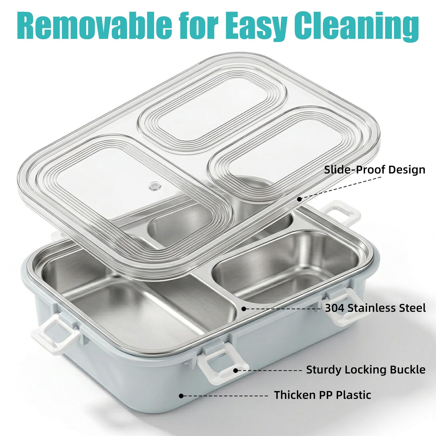 BSTUR Stainless Steel Bento Box for Adults, 3-Compartment Meal Prep Lunch Container with Bottom Tray & Cutlery, Portable for Work, Gym & Travel – Grey