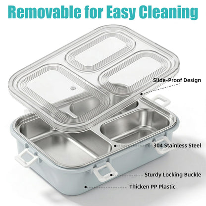 BSTUR Stainless Steel Bento Box for Adults, 3-Compartment Meal Prep Lunch Container with Bottom Tray & Cutlery, Portable for Work, Gym & Travel – Grey