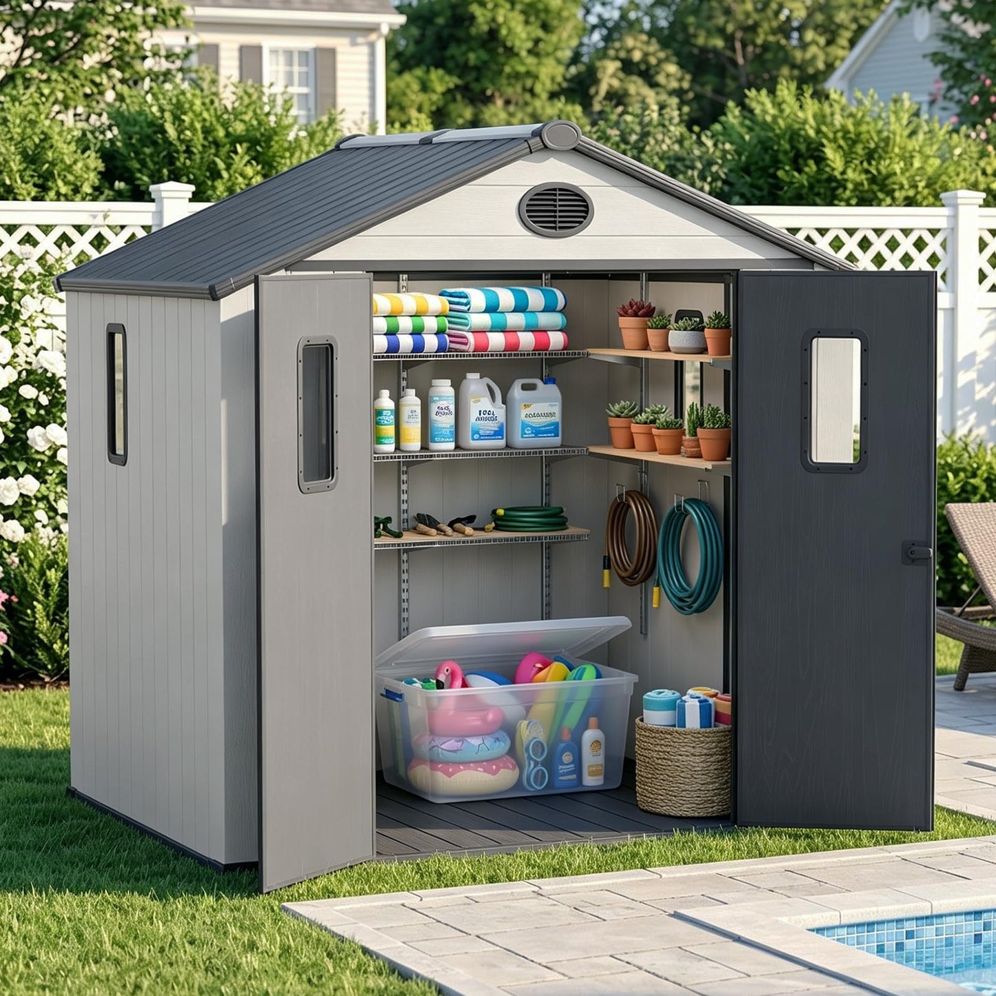 COOS BAY 8x6 Outdoor Storage Shed with Floor, Lockable Doors, All-Weather Resin Garden Tool Shed, White/Gray