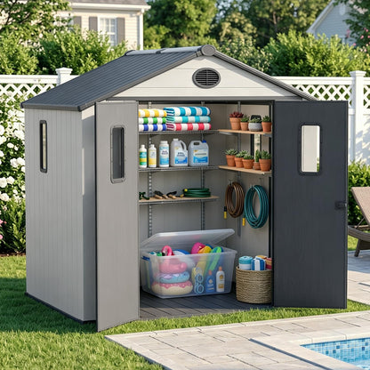 COOS BAY 8x6 Outdoor Storage Shed with Floor, Lockable Doors, All-Weather Resin Garden Tool Shed, White/Gray