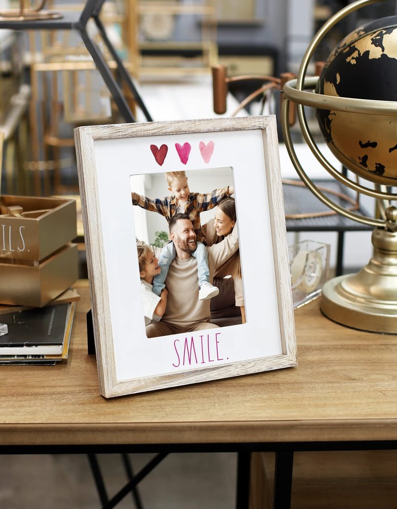 Rae Dunn 5 x 7 Inch Picture Frame Wood - Farmhouse Photo Frame for Wall Hanging or Desk / Tabletop Display - Rustic Frames for Family Photos, Couples, Kids, Pets - Home and Office Décor, "Smile"