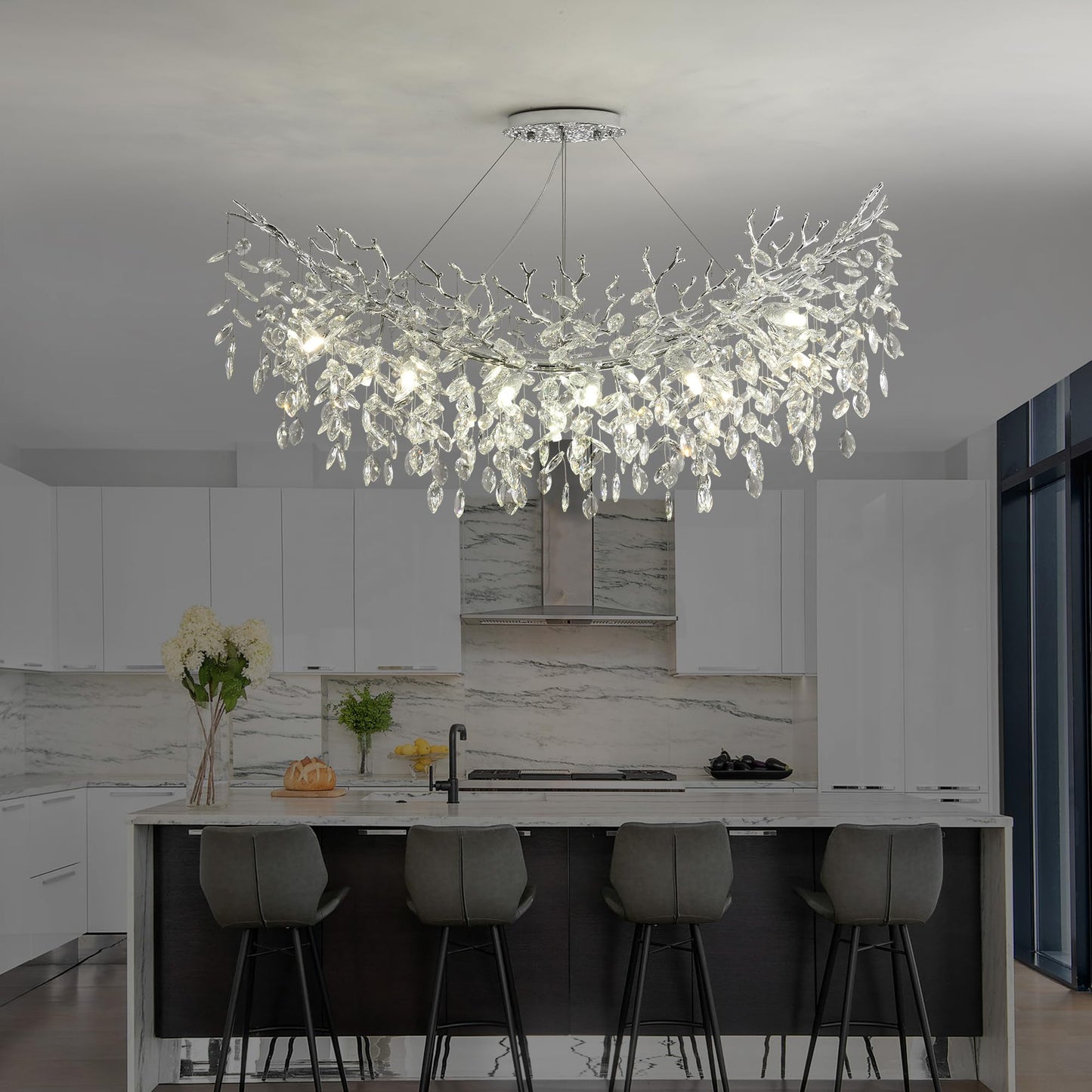 Upfelw Rectangle Crystal Tree Branch Chandelier, L47.3'' Mpdern Luxury Chrome Linear Art Deco Raindrop Pendant Lighting Fixture for Kitchen Island Foyer Living Room Dining Room 14 Lights