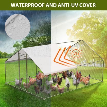 Large Chicken Coop with Cover, Large Metal Chicken Coop,Metal Chicken Run & Spire Roof Outdoor Enclosure with Lock,for Backyard, Farm, Housing Chickens, Ducks, Rabbits