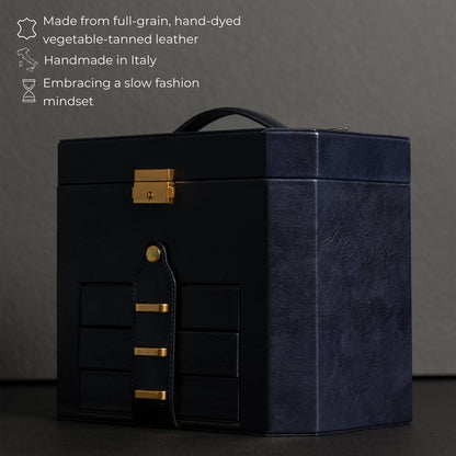 Time Resistance Leather Jewelry Box - Full Grain Leather Jewellery Organizer - Lock Box for Women (Blue)