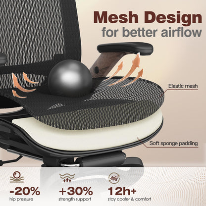 GABRYLLY Ergonomic Office Chair with Footrest, High Back Mesh Computer Chair with Flip-Up Arm, 3D Headrest, 135° Reclining, Rolling Gaming Task Chair with Wide Seat Lumbar Support,300LBS