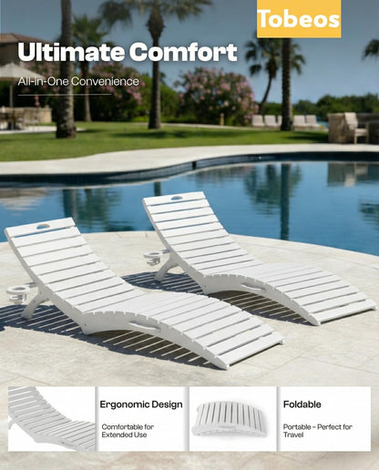 Tobeos Folding HDPE Pool Lounge Chairs Set of 2, Pre-Assembled Outdoor Chaise Lounge with Cup Holder for Poolside, Tanning Ledge, Pool Deck or Beach, Sandbag Not Included (White)