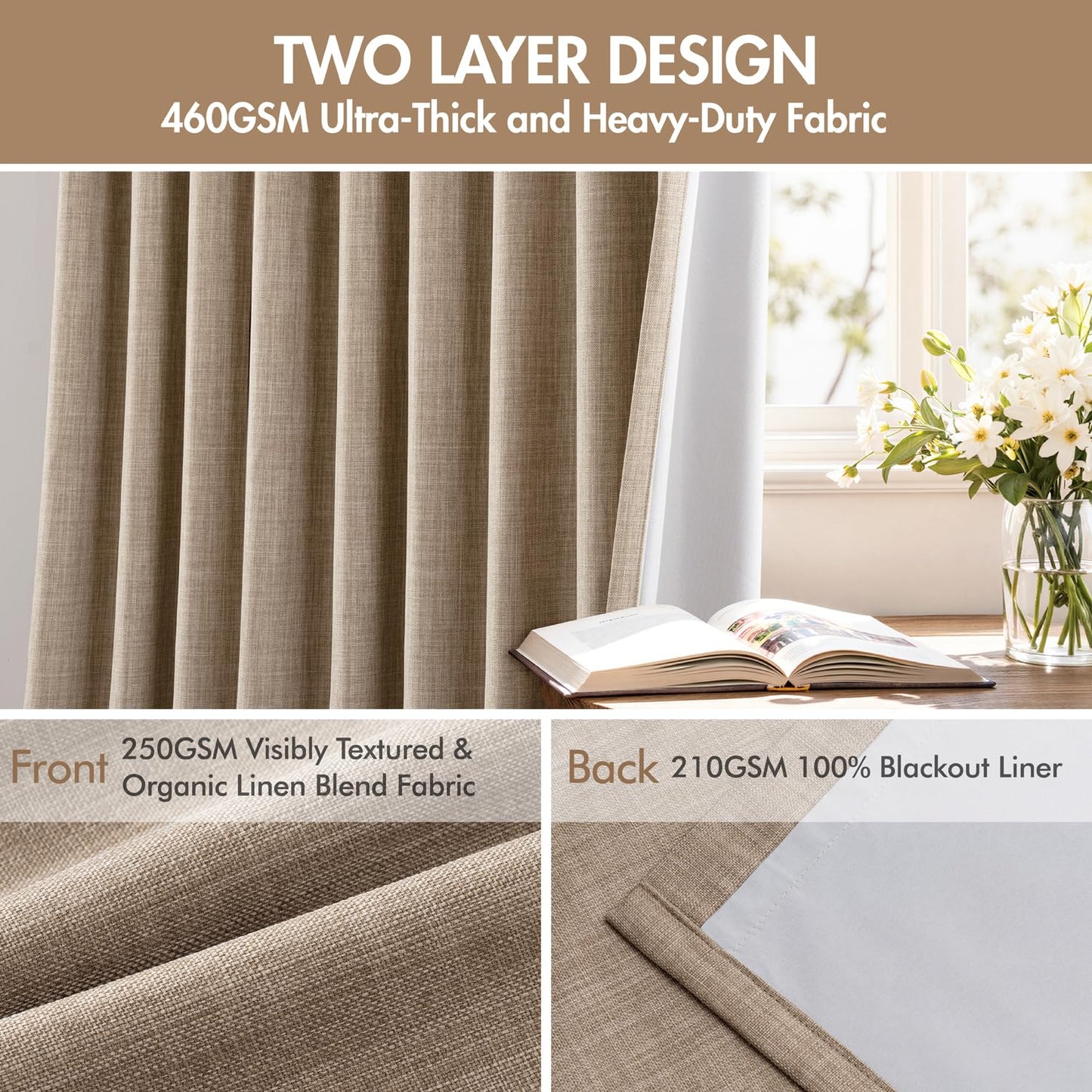 MIULEE Pinch Pleated 100% Blackout Curtains 108 Inch Long 4 Panel Set for Bedroom Thick Linen Memory Trained Pleat Living Room Darkening Back Tab Double Layer Thermal Insulated Drapes, Linen