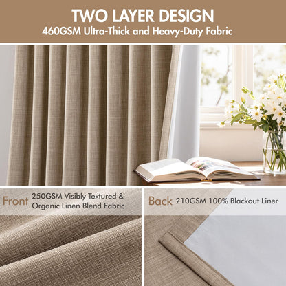 MIULEE Pinch Pleated 100% Blackout Curtains 108 Inch Long 4 Panel Set for Bedroom Thick Linen Memory Trained Pleat Living Room Darkening Back Tab Double Layer Thermal Insulated Drapes, Linen