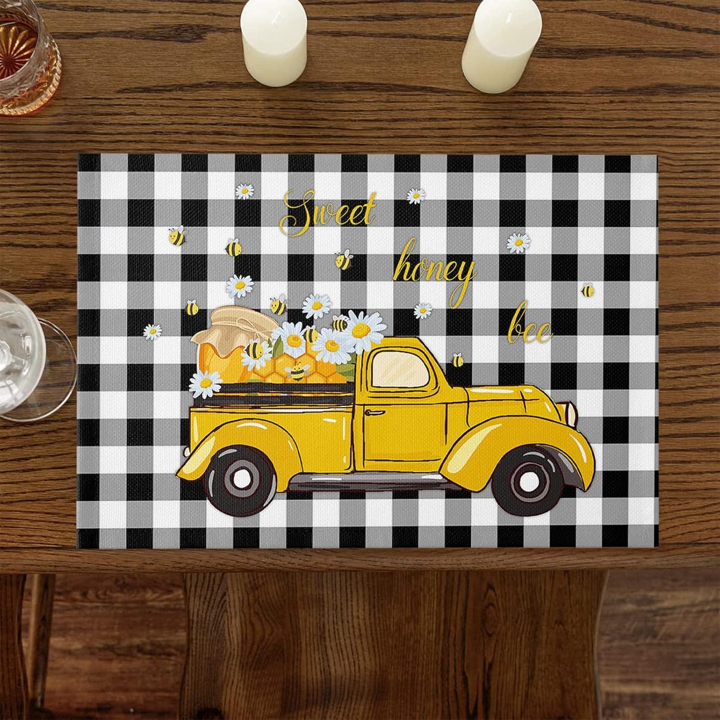 Sweet Honey Bee Placemats Set of 6, Washable Heat-Proof Table Mats for Kitchen Dinner Banquet, Summer Bee Yellow Truck
