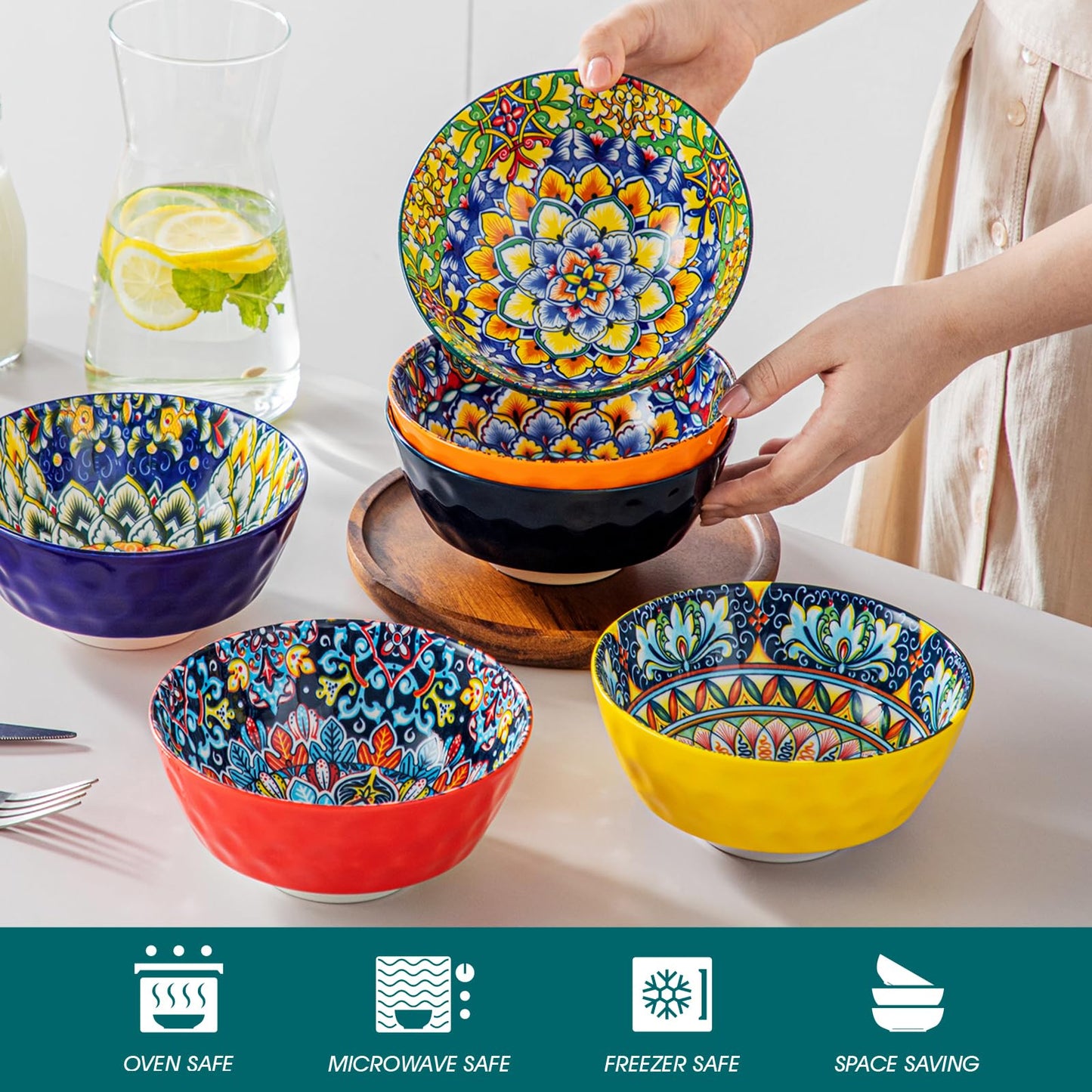 vancasso Ceramic Bowls Set of 6-26 oz Bohemian Style Colorful Cereal Soup Bowls, Microwave & Dishwasher Safe, Porcelain for Kitchen, Dining, Party (Gift Box)