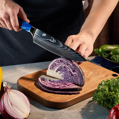SENKEN 16-Piece Kitchen Knife Block Set - Japanese Chef's Knife Set with Laser Damascus Pattern, Includes 6 Steak Knives and Smoothly Finished Acacia Hardwood Knife Block (Blue Resin Handles)