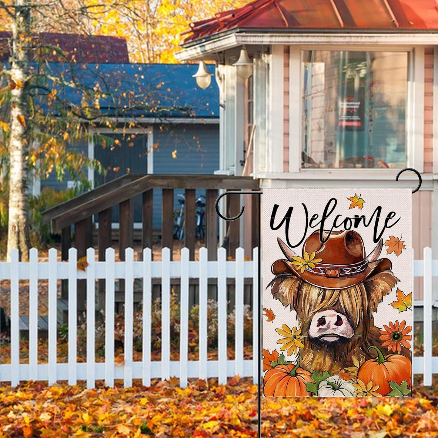 Welcome Fall Highland Cow Decorative Garden Flag, Autumn Farm Animal Pumpkin Maple Leaves Yard Decor 12 x 18