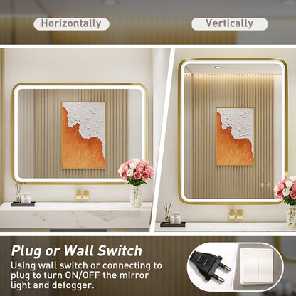 FTOTI 28x36 Inch LED Bathroom Mirror with lights,Wall Mounted Lighted Vanity Mirrors with Non-Rusting Gold Metal Frame Anti-Fog Memory Funtion Stepless Dimmable for Bathroom Decor(Horizontal&Vertical)