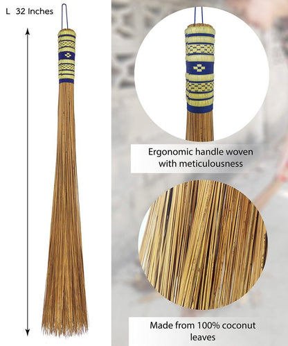 32 inch Multi-Surface Sturdy Outdoor Authentic Coconut Leaf Broom Asian Heavy Duty Broom Thai Natural Coconut Leaf Broom (Country Rustic) 1 Piece