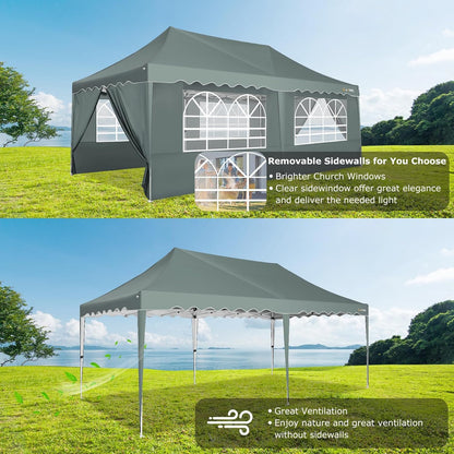 HOTEEL 10x20 Pop up Canopy Tent with 6 sidewalls Easy Up Commercial Outdoor Wedding Party Tents for Parties All Season Wind & Waterproof Gazebo Roller Bag, Gray