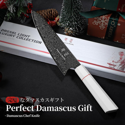 DRGSKL Damascus Chef Knife 8 Inch - VG10 Kitchen Knife for Meat Cutting - Japanese G10 Handle - Sharp Cooking Knives for Vegetables and Fruit - with Gift Box