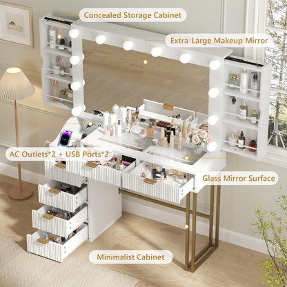 Feonase Vanity Desk, White 43'' Large Makeup Vanity Desk with Mirror and 12 Lights, 3 Color Modes, Glass Top Makeup Table with 6 Drawers and 2 Side Cabinets, Built in Charging Station