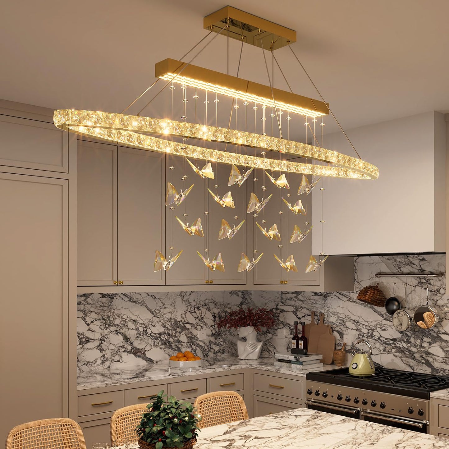 WOSOHYUN 40 Inch Gold Crystal Butterfly Chandelier, Adjustable Hanging Linear Chandeliers, Oval Rings Chandelier for Dining Room, Living Room, Foyer