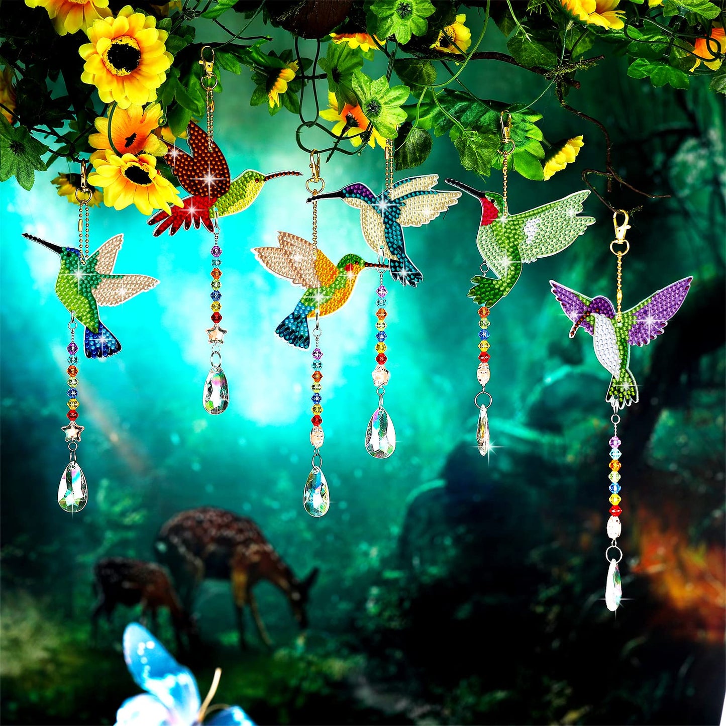 Tradder 6 Pcs Diamond Art Painting Hummingbird Wind Chimes Birds Art Kits for Adults 2026 Vacation Bible School Jungle Birds Craft Summer Suncatchers 5d DIY with Pendant for Home Window Decor Garden