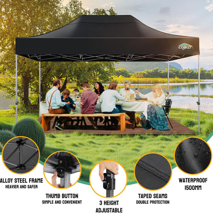 COBIZI 10x15 Pop up Canopy Tent Heavy Duty, Easy Set-up Commercial Outdoor Party Tent, 100% Waterproof Wedding Tents Gazebo, 3 Height Adjustable with Wheeled Bag, Black