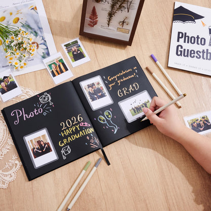 LawnIdyll 2026 Graduation Guest Book with Photo Sign Metallic Pens Stickers 144 Pages Class of 2026 Scrapbook Album Gift Memory Book for High School College Graduation Party Supplies (Black)