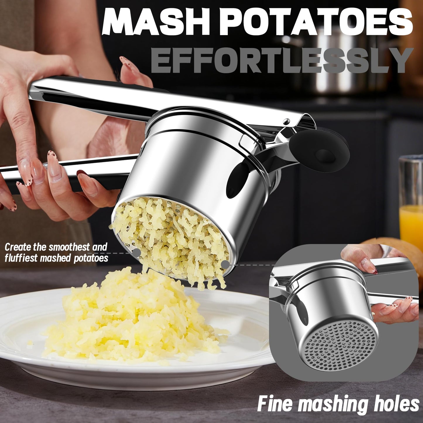 Minteem Large 15oz Potato Ricer for Mashed Potatoes, Heavy Duty 18/8 Stainless Steel Potato Masher for Baby Food & Spaetzle Maker, Masher and Ricer Kitchen Tool, Press and Mash Kitchen Gadget, Black
