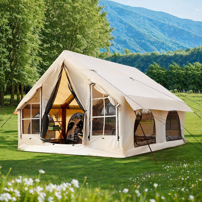 KNUO 2026 Upgraded Waterproof Inflatable Camping Tent for 5-8 People, Large Blow-Up Air Tent, No Assembly Needed Luxury Glamping House, 10x10ft Oxford Fabric, Beige