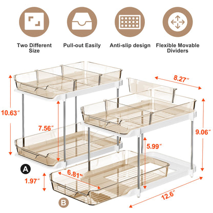 Delamu 2-Tier Multi-Purpose Bathroom Under Sink Organizers and Storage, Stackable Kitchen Pantry Organization, Pull Out Medicine Cabinet Organizer with Movable Dividers, White, 2 Pack