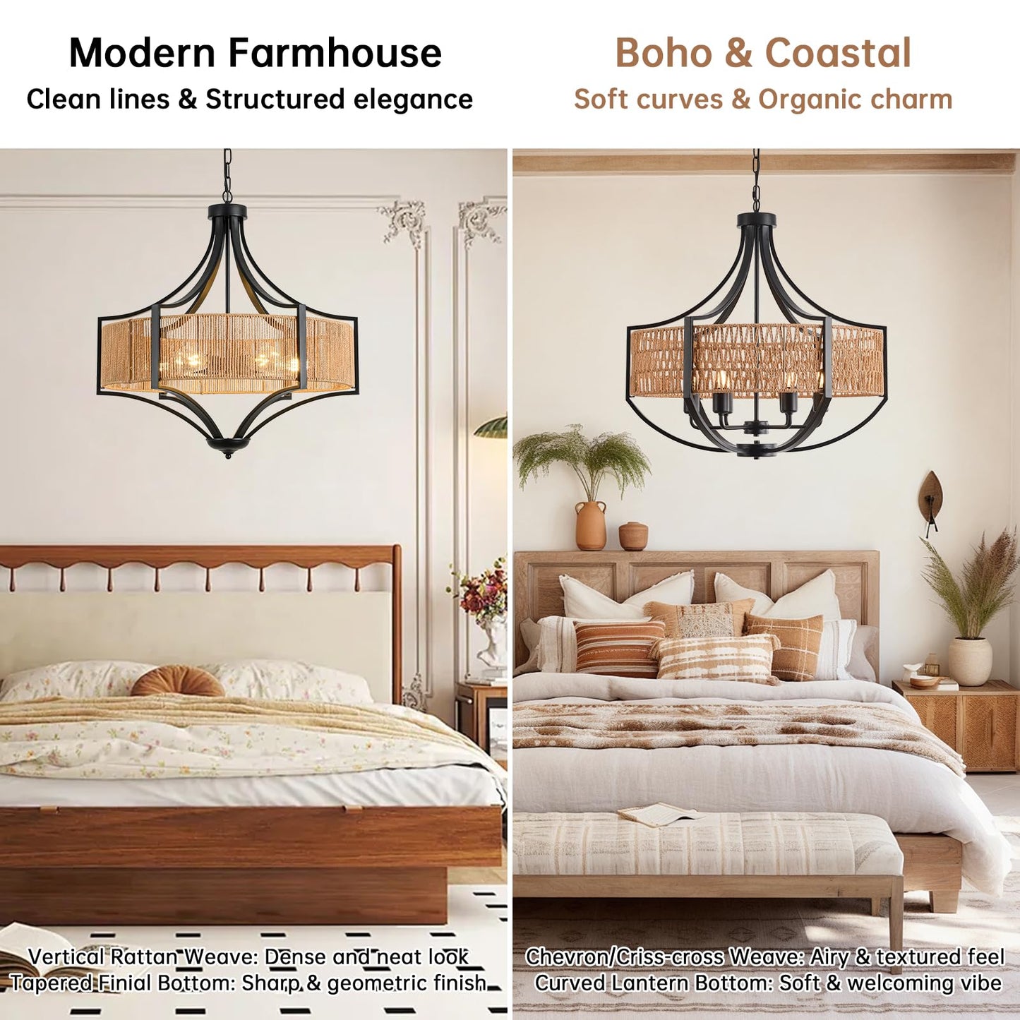 25.6" Rattan Farmhouse Chandelier Teardrop Light Fixtures, 6-Light Rustic Rattan Pendant Lighting with Straight Woven Shade Boho Black Hanging Light for Dining Room Living Room Kitchen Island Bedroom