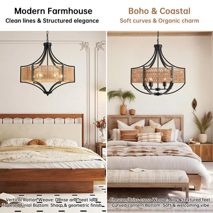 25.6" Rattan Farmhouse Chandelier Teardrop Light Fixtures, 6-Light Rustic Rattan Pendant Lighting with Straight Woven Shade Boho Black Hanging Light for Dining Room Living Room Kitchen Island Bedroom