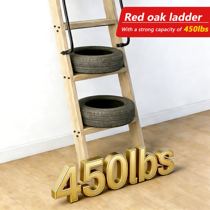104RDHOUSE 96in Attic Rolling Library Ladder, 8 Step Wooden Ladder with,Loft Ladder Bookshelf,Wall Stairs Red Oak Stair Platform Bunkbed Ladder,for Home Kitchen,Warehouses,Bookstore,DIY Stain