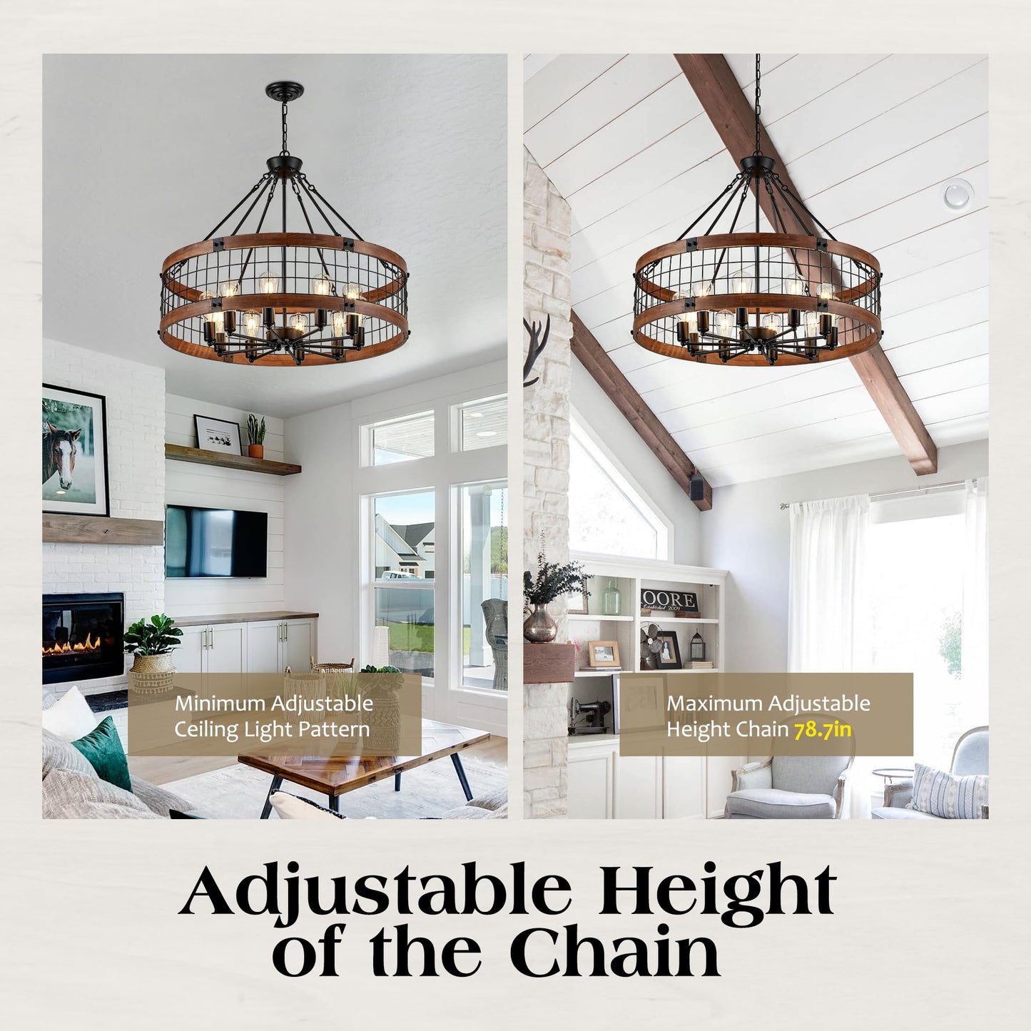 Faibra 10-Light Farmhouse Drum Wood Pendant Light,32'' Vintage Rustic Brown Oak Wood Chandeliers,Retro Industrial Hanging Light Fixtures for Dining Room Entryway, Bedroom