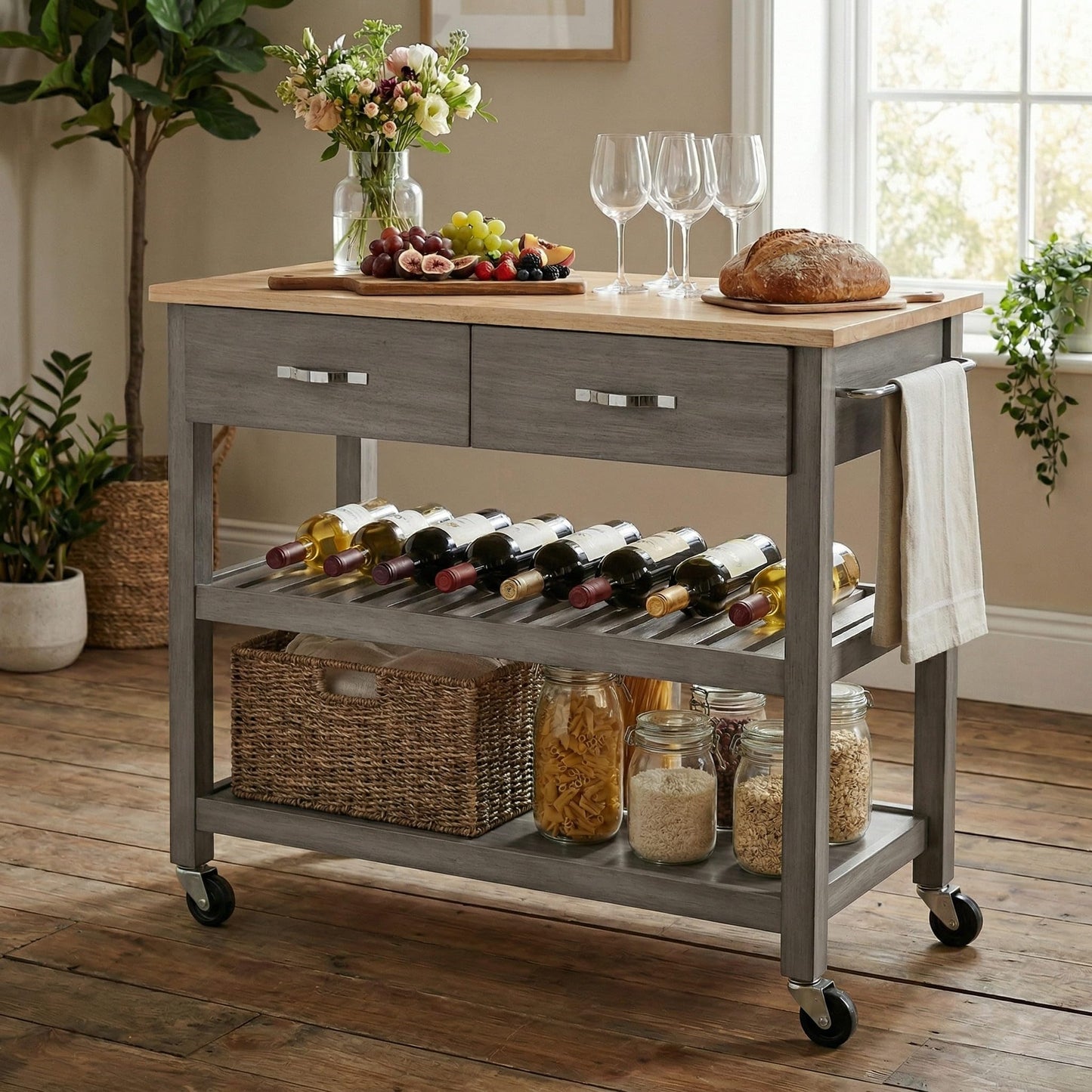Casaphoria Amanda Collection Solid Wood Kitchen Island, 42" Butcher Block Cart with Rubberwood Top & Locable Wheels, Prep Table for Small Spaces (Weathered Gray)