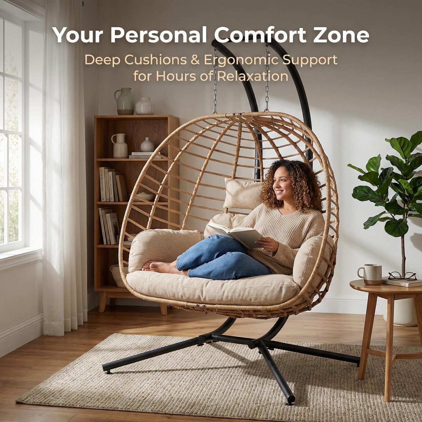 SWITTE Double Hanging Egg Chair with Stand, Outdoor Patio 2 Person Wicker Hammock Swing Chairs with Cushion Loveseat for Indoor Bedroom, Lawn, Garden-Beige