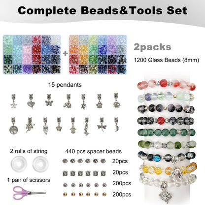 Rujiaoa Bracelet Making Kit for Adults – 8mm Crackle Glass Beads Set, 1200PCS DIY Beads for Jewelry Making & Gifts