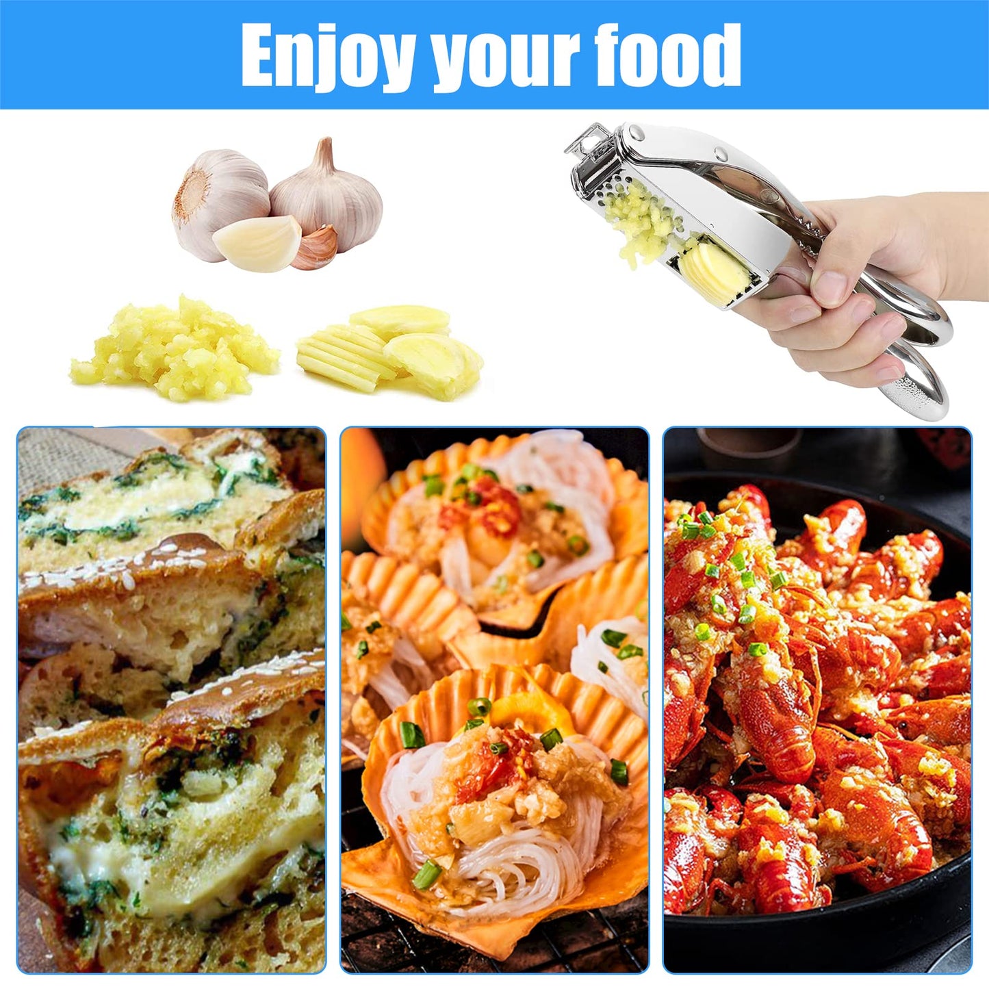 2-in-1 Garlic Cutter Stainless Steel Garlic Press with Ergonomic Non-Slip Handle for Fresh Garlic Ginger Nut Easy to Use & Clean