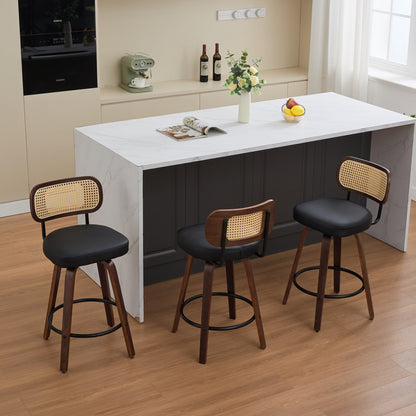 KEIKI Set of 3 Counter Height Bar Stools - 26 inch Rattan Counter Height Stools with Cane Back, Upholstered Seat, Walnut Craftsmanship, Swivel Counter Stools for Kitchen/Counter/Bar, Walnut, Black