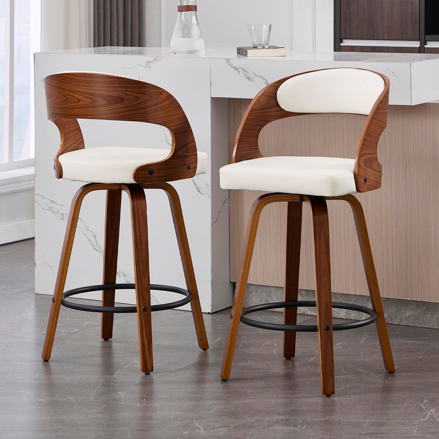 VipDesk Swivel Bar Stools Set of 2, Walnut Counter Height Bar Stools with Back and Arms, 26" Modern Faux Leather Upholstered Bar Chairs with Bentwood Frame for Kitchen Island Bar - White