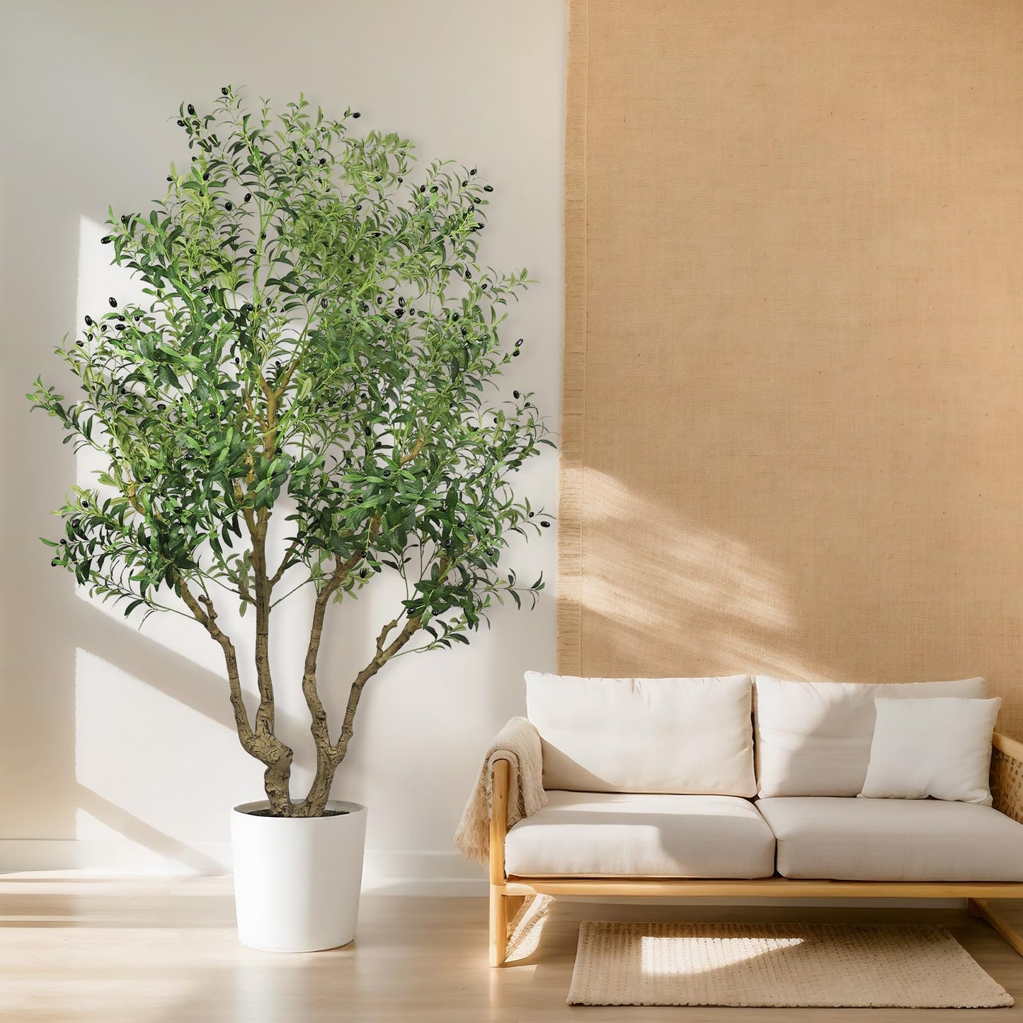 8ft Olive Trees Artificial Indoor Large Faux Olive Tree with Pot, Natural Wood Trunk, Lifelike Fruits & Branches, Fake Plants for Indoor Outdoor Home Office Living Room Floor Decor, 1 Pack