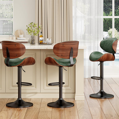 YaFiti Bar Stools Set of 4, Bentwood Adjustable Height Swivel Bar Stools, PU Leather Upholstered Bar Chair with Back and Footrest for Bar, Kitchen, Green