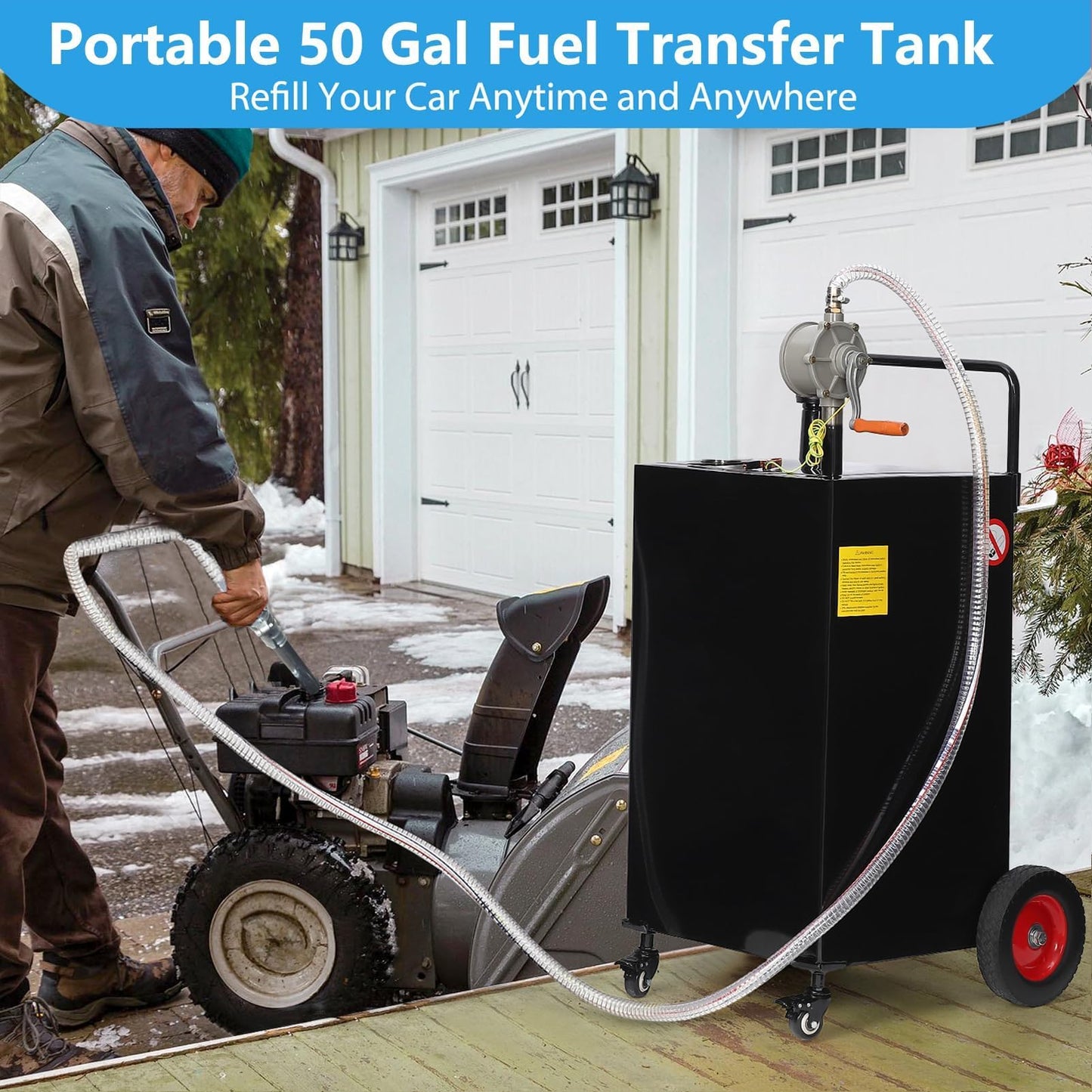 50 Gallon Fuel Caddy with Manual Pump - Heavy Duty Portable Gas & Diesel Transfer Tank on 4 Wheels, Spill-Proof Gasoline Can Container for Truck, Tractor, Boat, ATV, Farm Use, Black