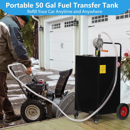 50 Gallon Fuel Caddy with Manual Pump - Heavy Duty Portable Gas & Diesel Transfer Tank on 4 Wheels, Spill-Proof Gasoline Can Container for Truck, Tractor, Boat, ATV, Farm Use, Black