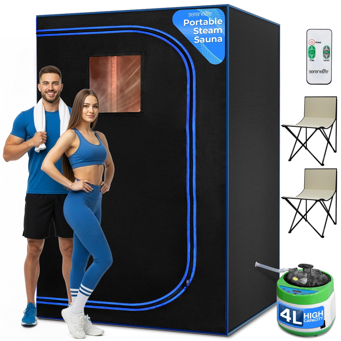 SereneLife Portable Sauna for Home, 2 Person Steam Tent with 4L Steamer 6' x 4', 2 Folding Chairs, Remote Control in-Home Spa