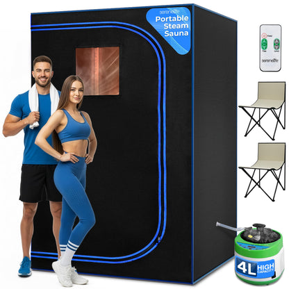 SereneLife Portable Sauna for Home, 2 Person Steam Tent with 4L Steamer 6' x 4', 2 Folding Chairs, Remote Control in-Home Spa