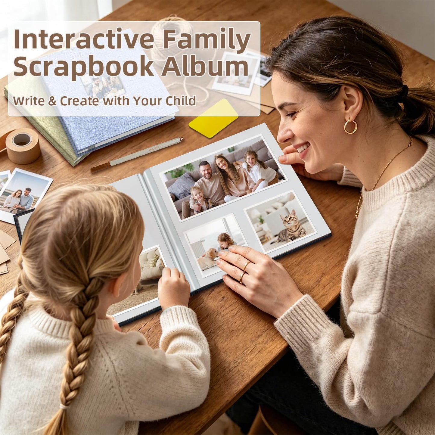 Popotop Photo Album Self Adhesive with Picture Display Window,40 Pages DIY Scrapbooking Supplies Kit for 4x6 8x10 Picture,Linen Cover Memory Book for Baby Wedding, with Scraper and Metallic Pen