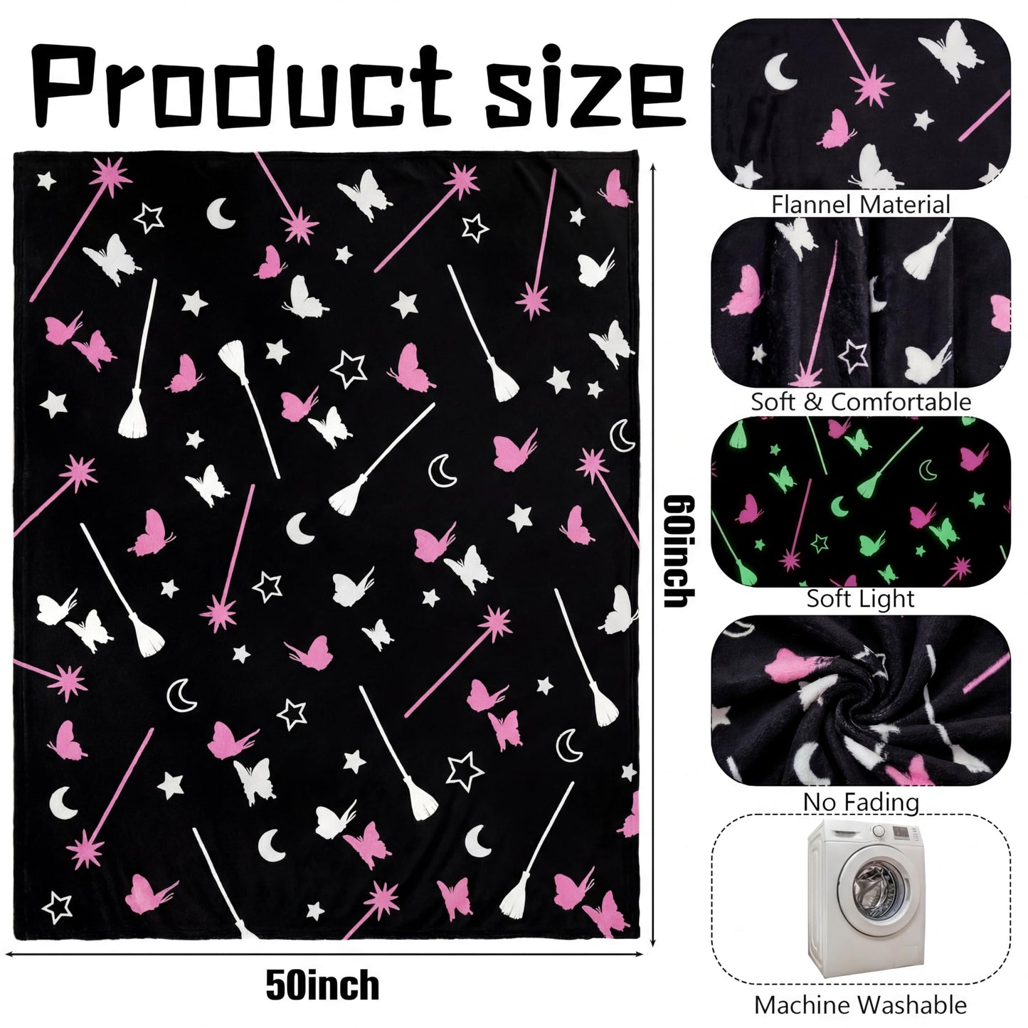 Hillsuren Glow in the Dark Witch Theme Blanket Black Broom Pink Magic Wand Flannel Throw Blanket 50 x 60 Inch for Girls Fun Sofa Bed Gift Decoration
