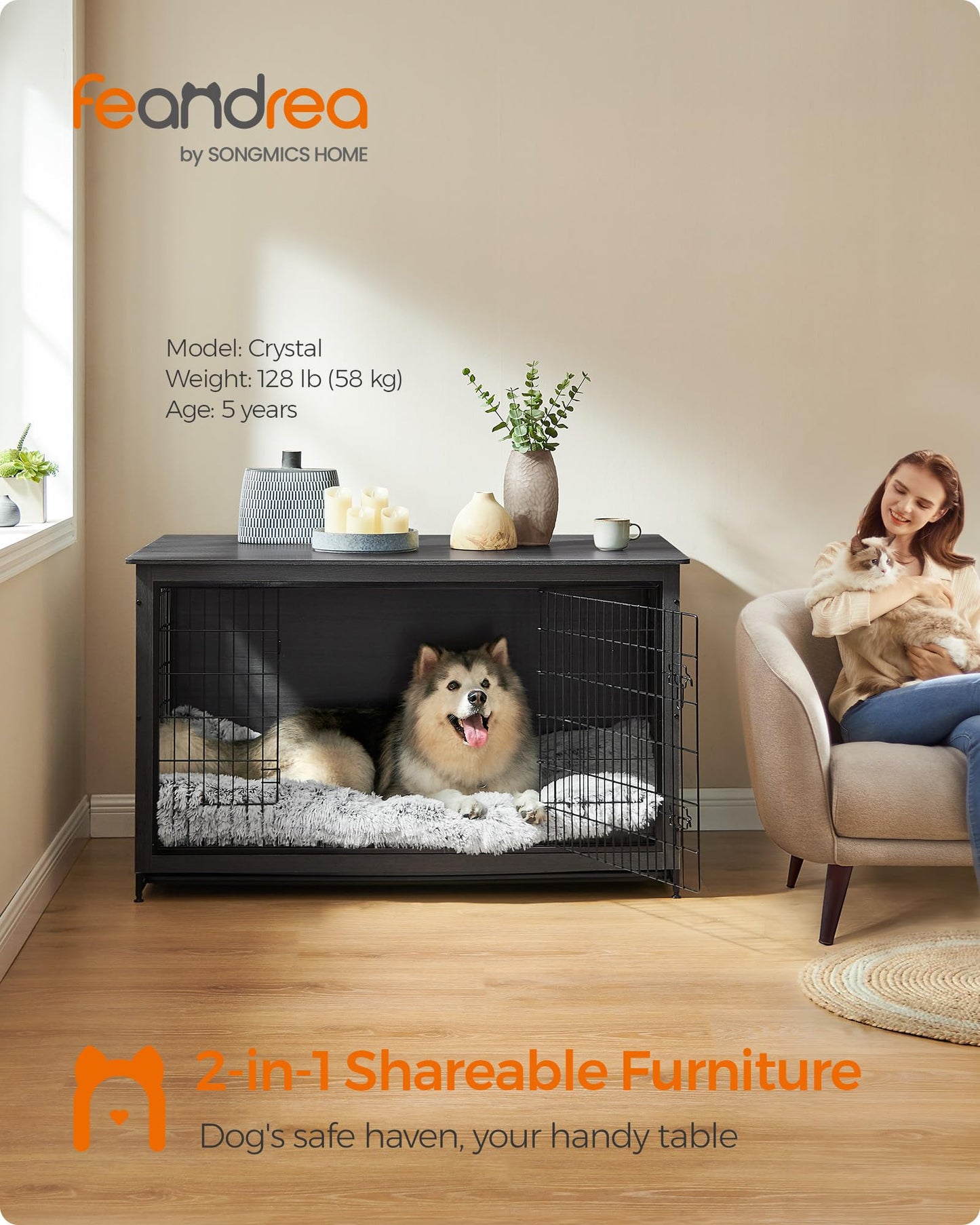 Feandrea 56.1" Dog Crate Furniture, Indoor Dog Cage Side End Table, XXL Pet Wood Kennel for Large and Medium Dogs up to 105 lb with Multi-Purpose Removable Tray, Double-Door Pet House, Ink Black